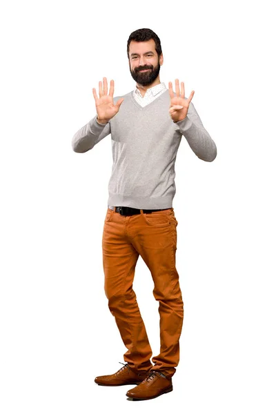 Handsome Man Counting Nine Fingers Isolated White Background — Stock Photo, Image