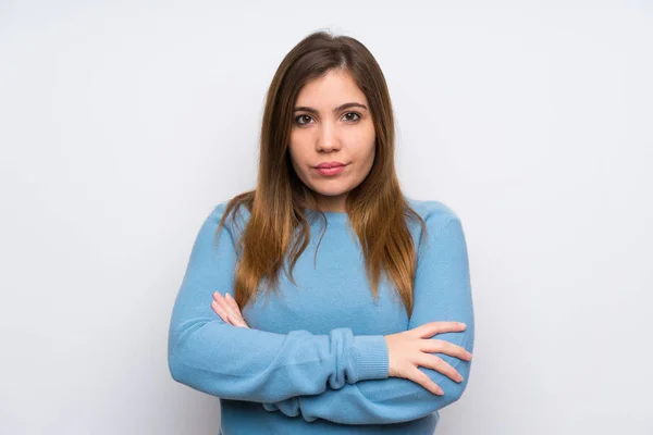 Young Girl Blue Sweater Keeping Arms Crossed — Stock Photo, Image