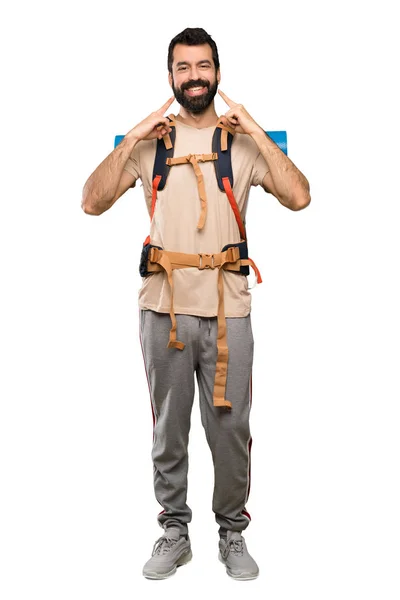 Hiker Man Smiling Happy Pleasant Expression Isolated White Background — Stock Photo, Image