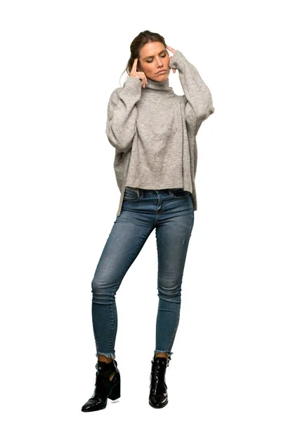 Full Length Shot Blonde Woman Turtleneck Having Doubts Thinking Isolated — Stock Photo, Image