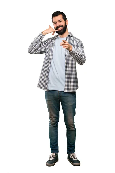 Handsome Man Beard Making Phone Gesture Pointing Front Isolated White — Stock Photo, Image