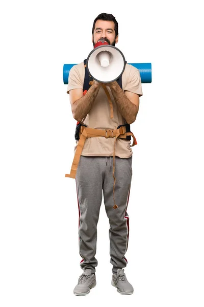 Hiker Man Shouting Megaphone Isolated White Background — Stock Photo, Image