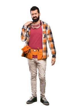 Yorgun ve hasta ifade izole beyaz arka plan üzerinde adamla esnaf