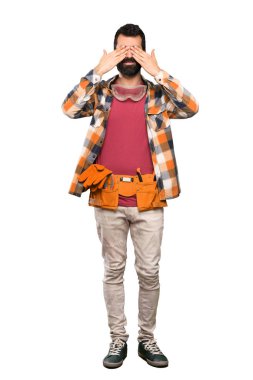 Göz bebekleri kapsayan esnaf adam izole beyaz arka plan üzerinde eller