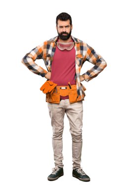 Esnaf adam izole beyaz arka plan üzerinde kızgın