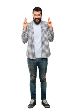 Parmak çaprazlanarak izole beyaz arka plan ile sakallı yakışıklı adam