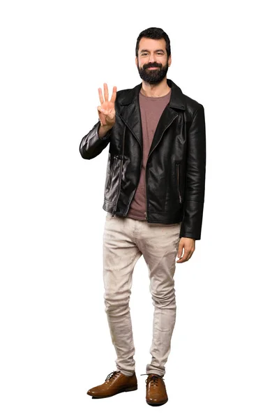Handsome Man Beard Happy Counting Three Fingers Isolated White Background — Stock Photo, Image