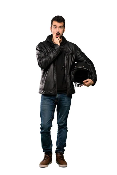 Full Length Shot Biker Man Surprised Shocked While Looking Right — Stock Photo, Image