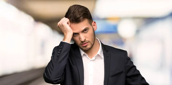 Handsome Business Man Frustrated Takes Hands Head Indoors — Stock Photo, Image