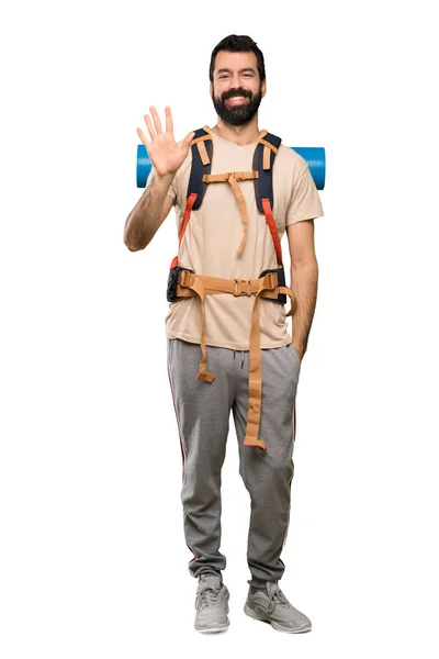 Hiker Man Counting Five Fingers Isolated White Background — Stock Photo, Image