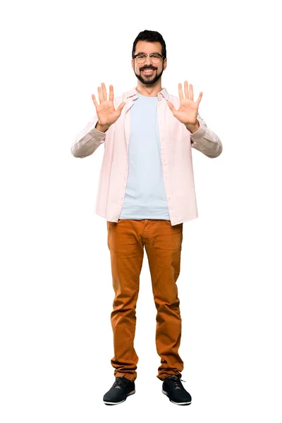 Full Length Shot Handsome Man Beard Counting Ten Fingers Isolated — Stock Photo, Image