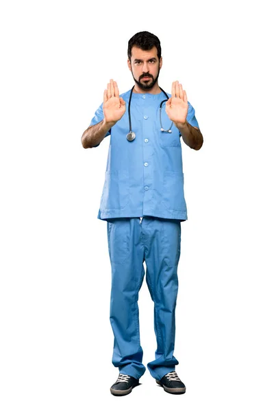 Full Length Schot Van Chirurg Dokter Man Maken Stop Gebaar — Stockfoto