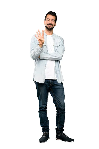 Повнометражний Знімок Красивого Чоловіка Бородою Щасливий Рахуючи Чотири Пальці Ізольованому — стокове фото