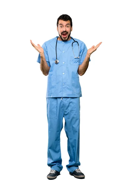 Full Length Shot Surgeon Doctor Man Shocked Facial Expression Isolated — Stock Photo, Image