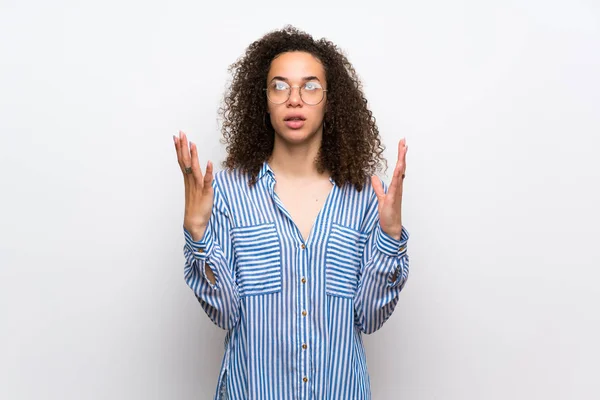 Dominican Woman Striped Shirt Frustrated Bad Situation — Stock Photo, Image