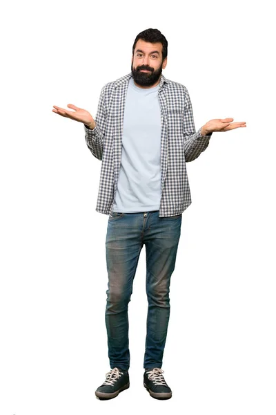 Hombre Guapo Con Barba Haciendo Gestos Dudas Sobre Fondo Blanco — Foto de Stock