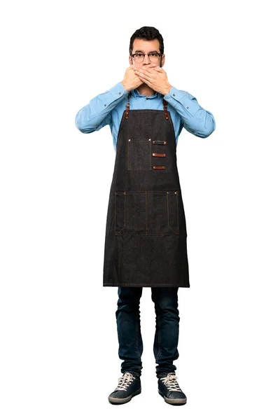 Full Length Shot Man Apron Covering Mouth Hands Isolated White — Stock Photo, Image