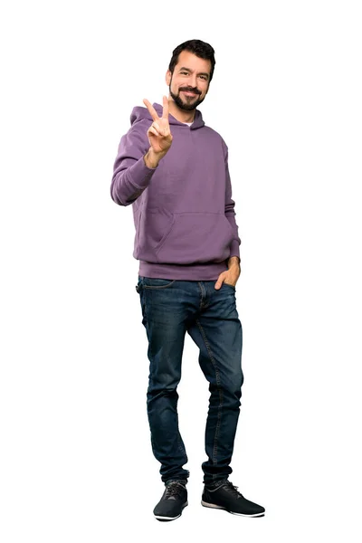 Full Length Shot Handsome Man Sweatshirt Smiling Showing Victory Sign — Stock Photo, Image