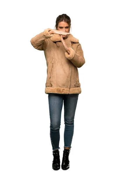 Full Length Shot Blonde Woman Coat Making Time Out Gesture — Stock Photo, Image