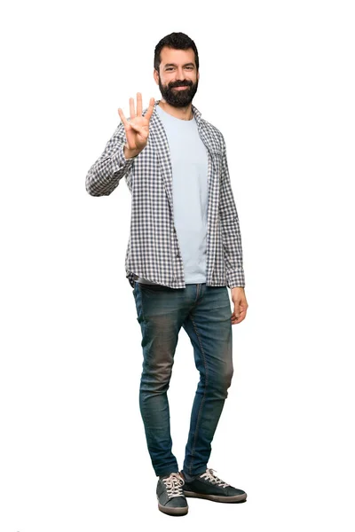 Красивий Чоловік Бородою Щасливий Рахуючи Чотири Пальці Над Ізольованим Білим — стокове фото