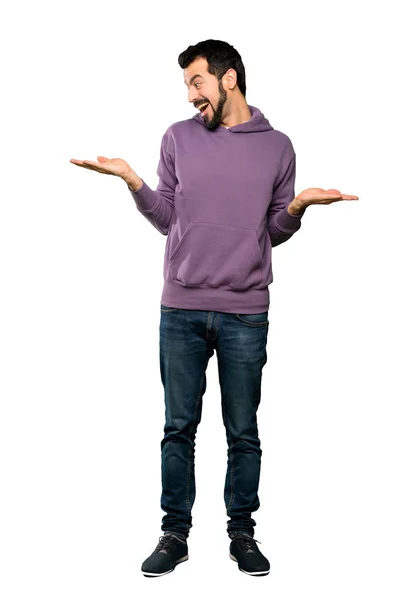 Full Length Shot Handsome Man Sweatshirt Holding Copyspace Two Hands — Stock Photo, Image