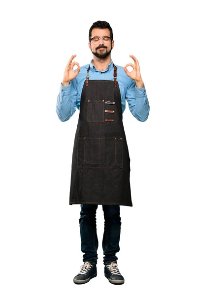 Full Length Shot Man Apron Zen Pose Isolated White Background — Stok Foto