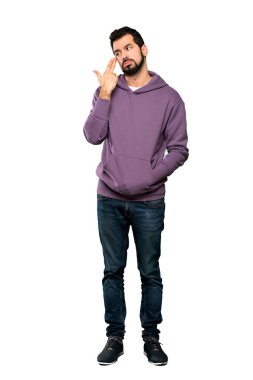 Yakışıklı adamın intihar jest izole yapım sorunları olan Kazak ile tam uzunlukta atış arka plan beyaz