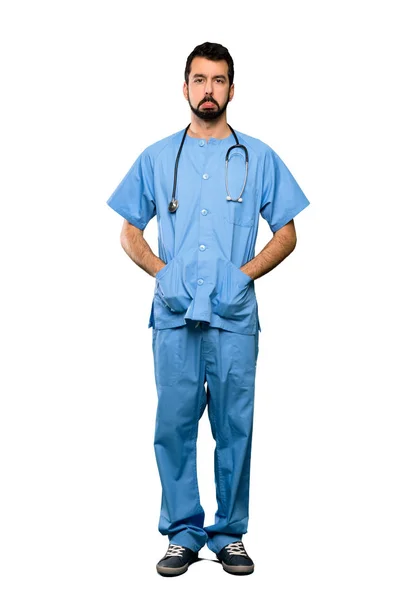 Full Length Shot Surgeon Doctor Man Sad Depressed Expression Isolated — Stock Photo, Image