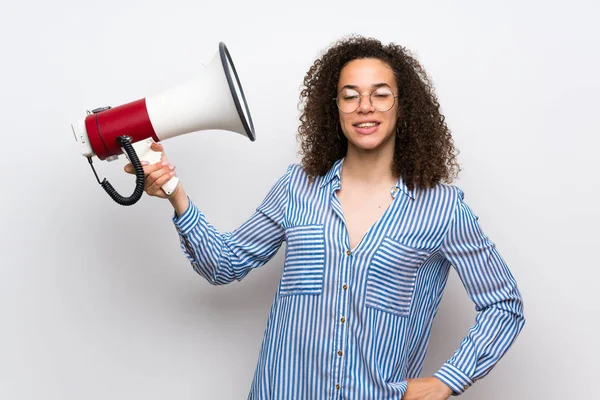 Dominican Woman Striped Shirt Taking Megaphone Makes Lot Noise — Stock Photo, Image
