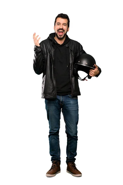 Full Length Shot Biker Man Smiling Lot Isolated White Background — Stock Photo, Image