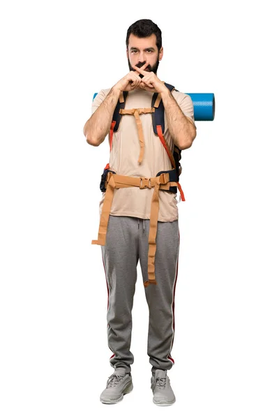 Hiker Man Showing Sign Silence Gesture Isolated White Background — Stock Photo, Image