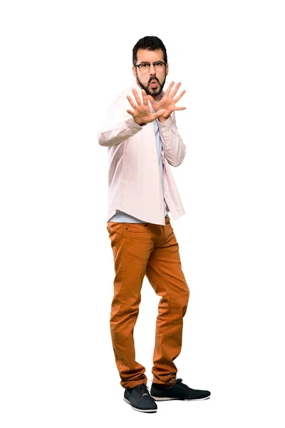 Full Length Shot Handsome Man Beard Nervous Stretching Hands Front — Stock Photo, Image