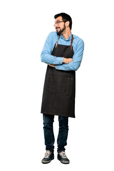 Full Length Shot Man Apron Making Doubts Gesture Looking Side — Stock Photo, Image