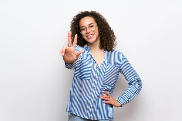 Dominican Woman Striped Shirt Happy Counting Three Fingers — Stock Photo, Image