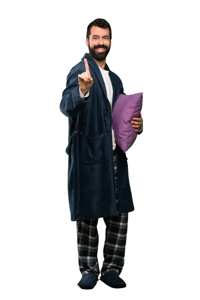 Gösterilen Izole Beyaz Arka Plan Üzerinde Parmak Kaldırma Pijama Sakallı — Stok fotoğraf