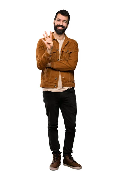 Bonito Homem Com Barba Feliz Contando Quatro Com Dedos Sobre — Fotografia de Stock