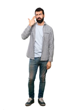 İntihar jest yapma sorunları olan sakallı yakışıklı adam beyaz arka plan izole