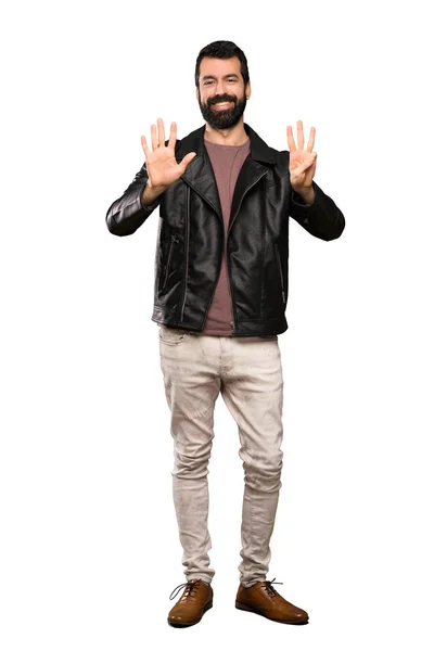 Handsome Man Beard Counting Eight Fingers Isolated White Background — Stock Photo, Image