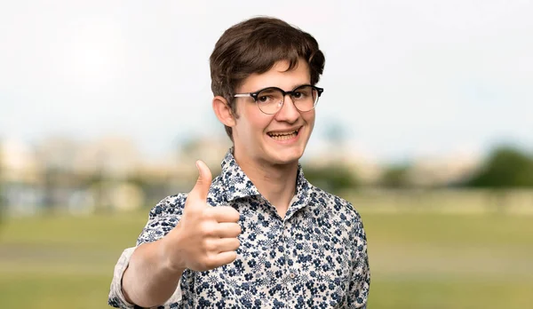 Teenager Man Flower Shirt Glasses Thumbs Because Something Good Has — Stock Photo, Image