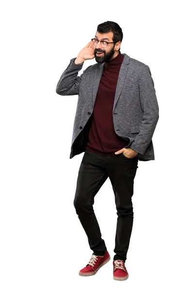 Hombre Guapo Con Gafas Escuchando Algo Poniendo Mano Oreja Sobre —  Fotos de Stock