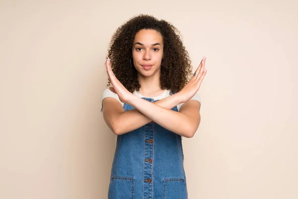 Dominican Woman Overalls Making Gesture — Stock Photo, Image
