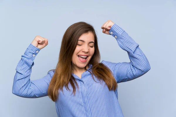 Young Girl Striped Shirt Celebrating Victory — Stock Photo, Image