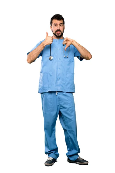 Full Length Shot Surgeon Doctor Man Making Good Bad Sign — Stock Photo, Image