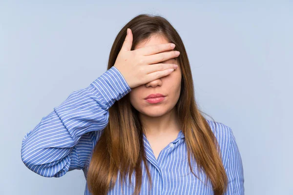 Young Girl Striped Shirt Covering Eyes Hands — Stock Photo, Image