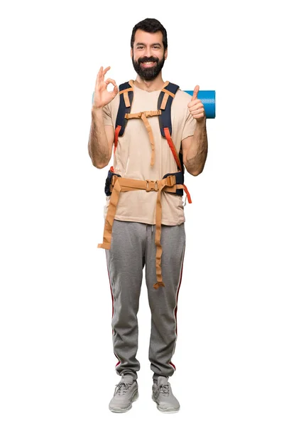 Hiker Man Showing Sign Thumb Gesture Isolated White Background — Stock Photo, Image