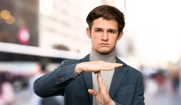 Teenager Man Turtleneck Making Time Out Gesture Outdoors — Stock Photo, Image