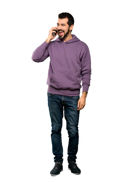 Foto Completa Hombre Guapo Con Sudadera Manteniendo Una Conversación Con —  Fotos de Stock