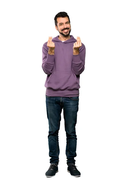 Full Length Shot Handsome Man Sweatshirt Making Money Gesture Isolated — Stock Photo, Image