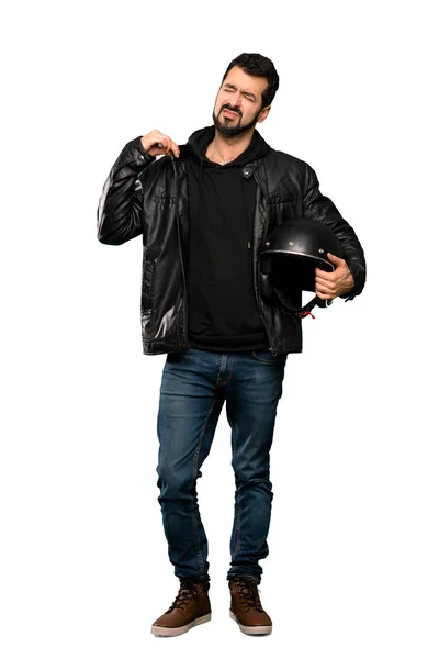 Full Length Shot Biker Man Tired Sick Expression Isolated White — Stock Photo, Image