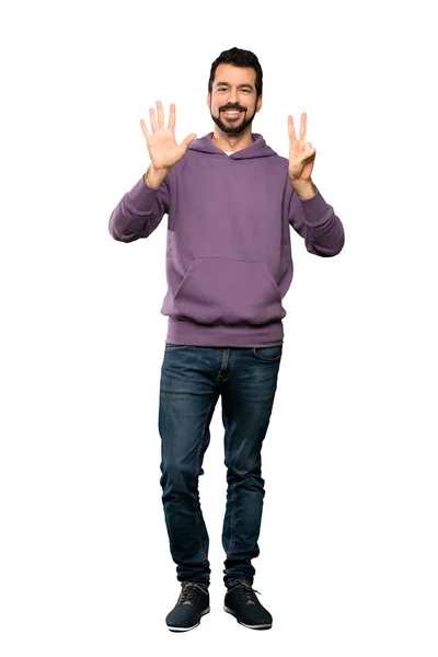 Full Length Shot Handsome Man Sweatshirt Counting Seven Fingers Isolated — Stock Photo, Image